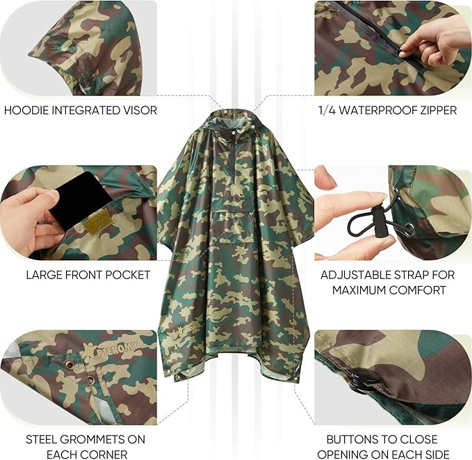 PTEROMY Hooded Rain Poncho for Adult with Pocket, Waterproof Lightweight Unisex Raincoat for Hiking Camping Emergency