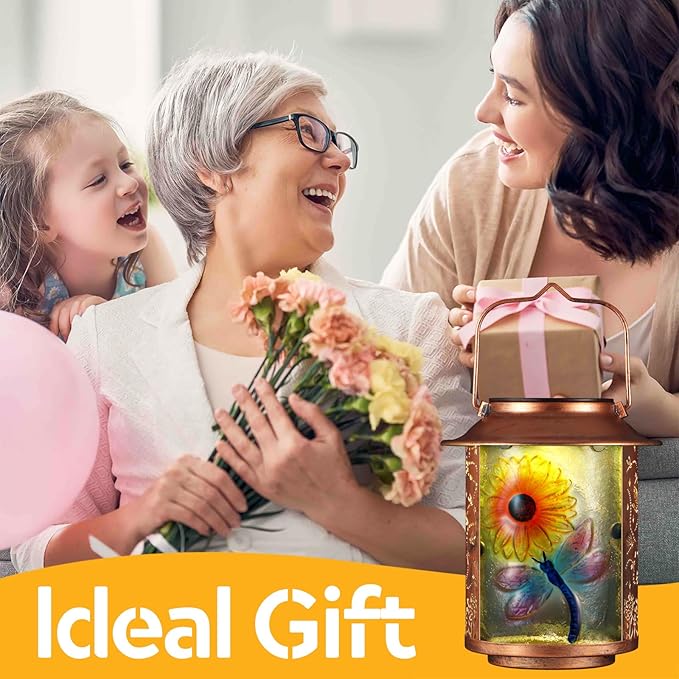 Dragonfly Solar Lanterns Outdoor Waterproof, Birthday Gifts for Women Mom Grandma , Metal Garden Decor Hanging Solar Lights Outside Decorative for Yard Patio Backyard Porch Decorations (Sunflower)