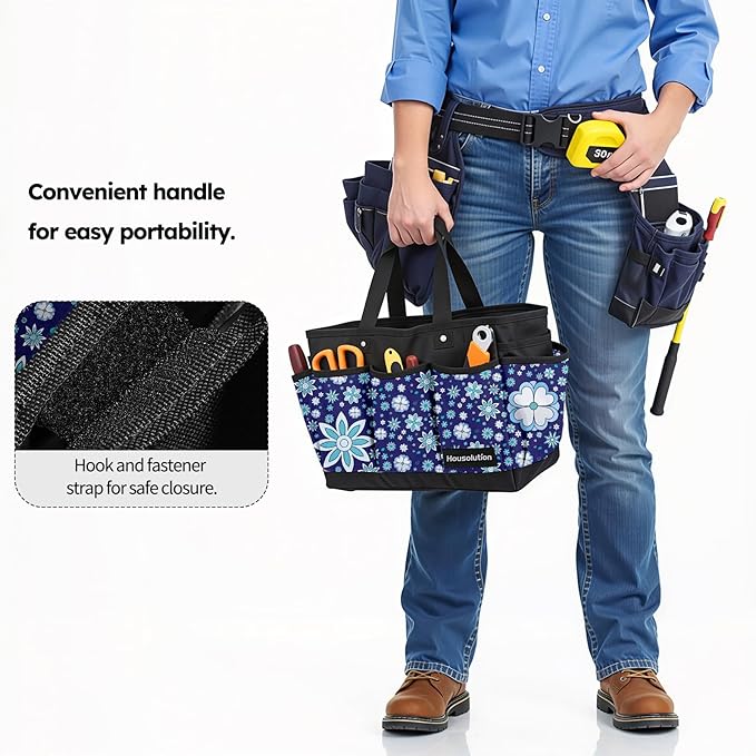 Housolution Gardening Tote Bag, Deluxe Garden Tool Storage Bag and Home Organizer with Pockets, Wear-Resistant & Reusable, 14 Inch, Blue Flowers