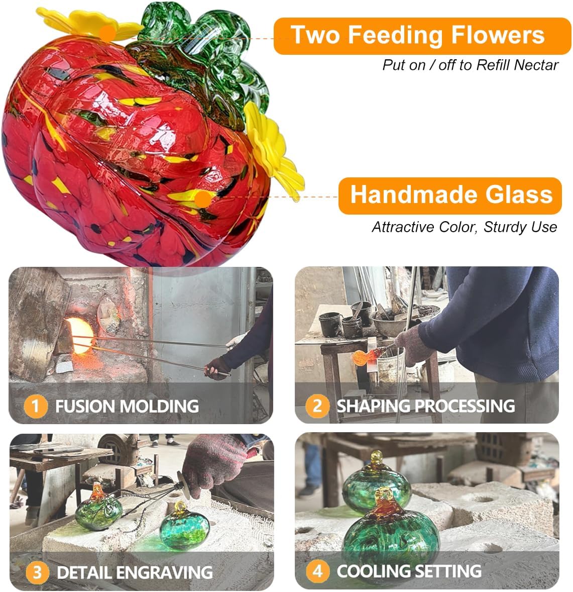 Small Glass Hummingbird Feeders for Outdoors Hanging - 2PC X Red Hand Blown Glass Pumpkin Nectar Feeding, 2 Flowers Feeding Ports, Decor for Garden/Backyard Outside