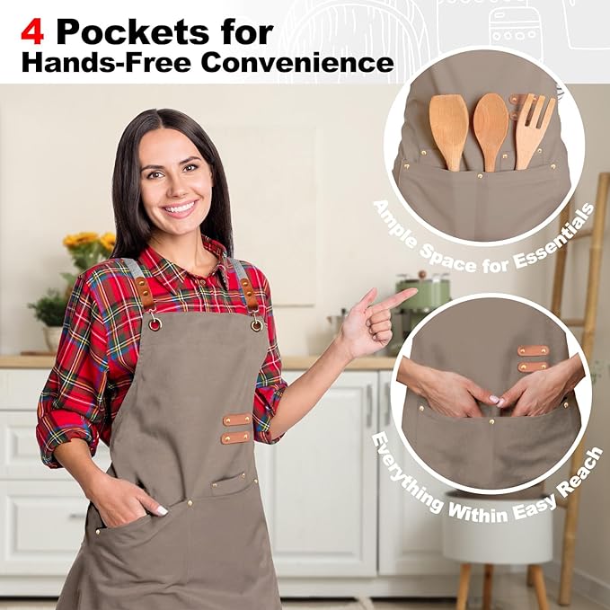 chef apron bib tool apron for man woman cross back straps with 4 pockets for kitchen cooking gardening baking working