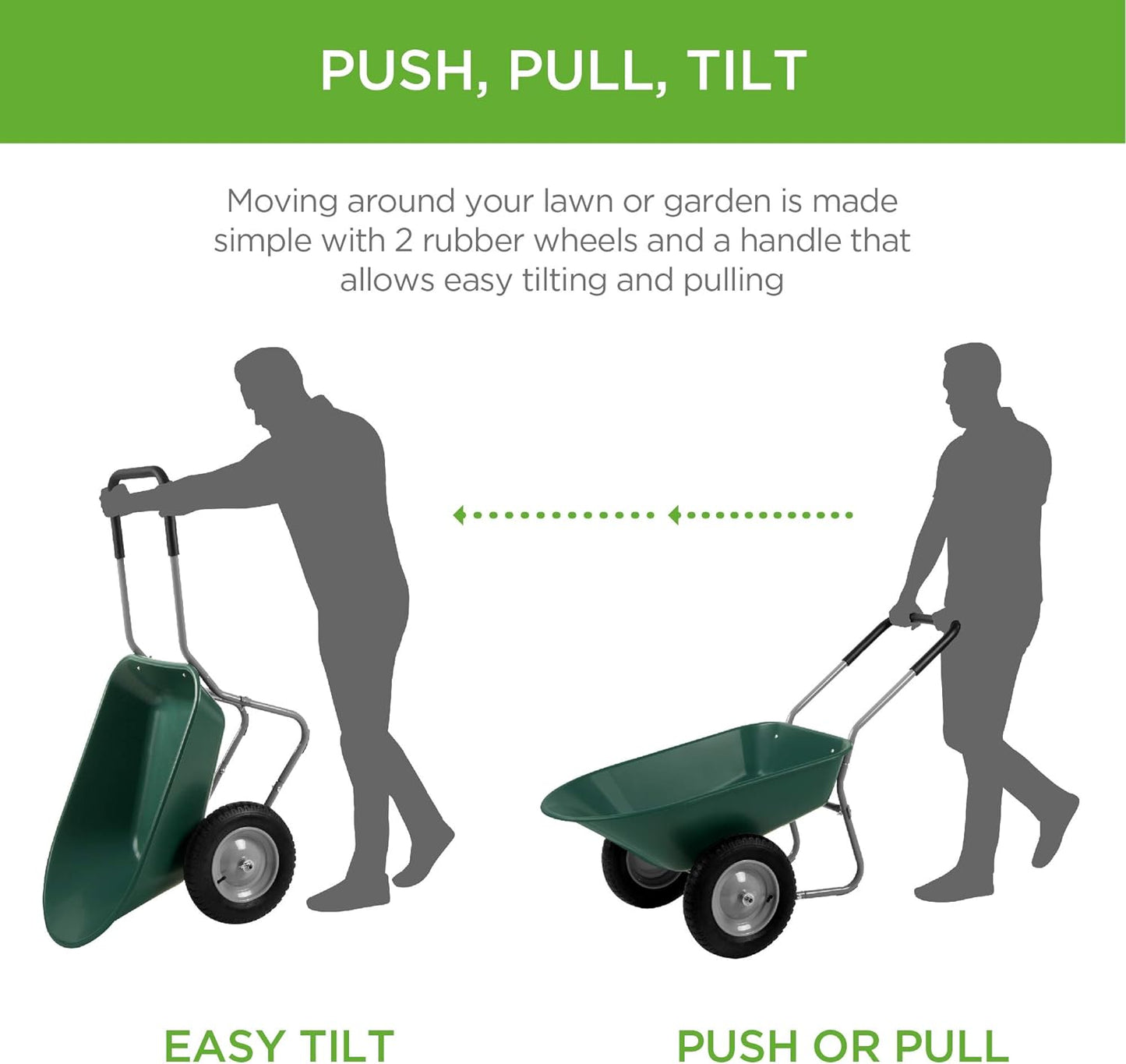 Best Choice Products Dual-Wheel Home Utility Yard Wheelbarrow Garden Cart w/Built-in Stand for Lawn, Gardening, Construction - Green