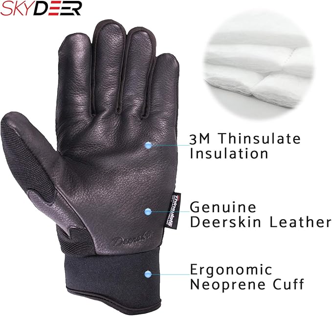 SKYDEER Full Deerskin Leather Winter Drive Work Gloves, Extra Soft 100G 3M Thinsulate, Thermal Insulated Gloves (SD2211T)