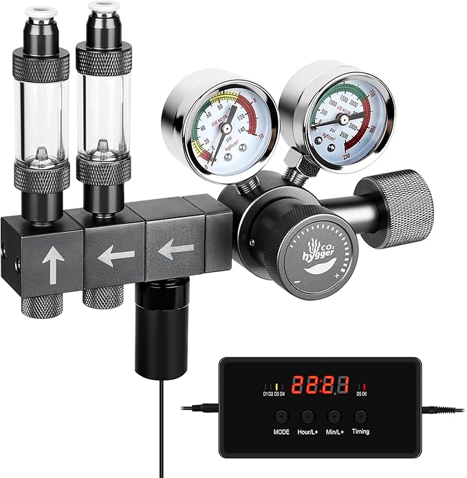 Upgraded Aquarium CO2 Regulator with Motorized Valve, Dual Stage Adjustable Pressure, Expandable for Two Tanks, Includes Timer and Bubble Counters for CO2 Aquarium System