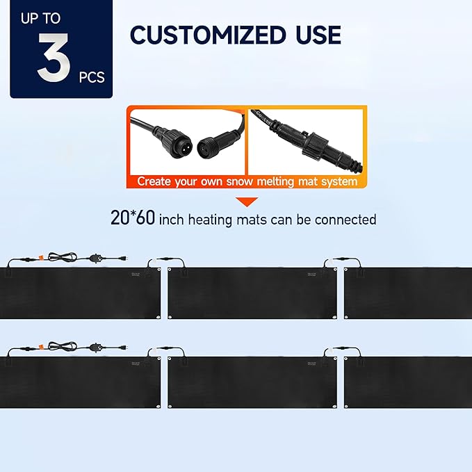 Snow Melting Mats Outdoor 20x60 Inch, Double No-Slip Rubber Heated Driveway Mats for Winter Snow Removal, 2 in/h Ice Melting Mats with Power Cord for Stairs, Walkways, Decks, Roof & Sidewalks,1PC