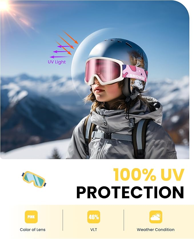 SNOWER Kids Ski Goggles, Anti-Fog Snow Goggles with OTG Design, 100% UV Protection, HD Lens for Kids Boys Girls