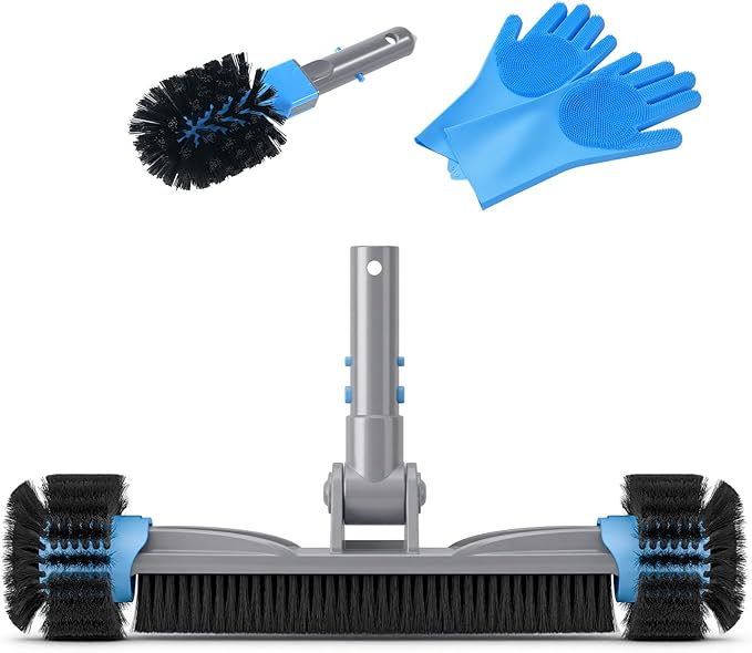 UIRWAY 3-in-1 Deluxe Swimming Pool Cleaning Kit - Includes Pool Brush Head with Detachable Side Round Ends, Small Corner Fence Brush and Gloves for Inground & Above Ground Pools Wall Cleaning(No Pole)