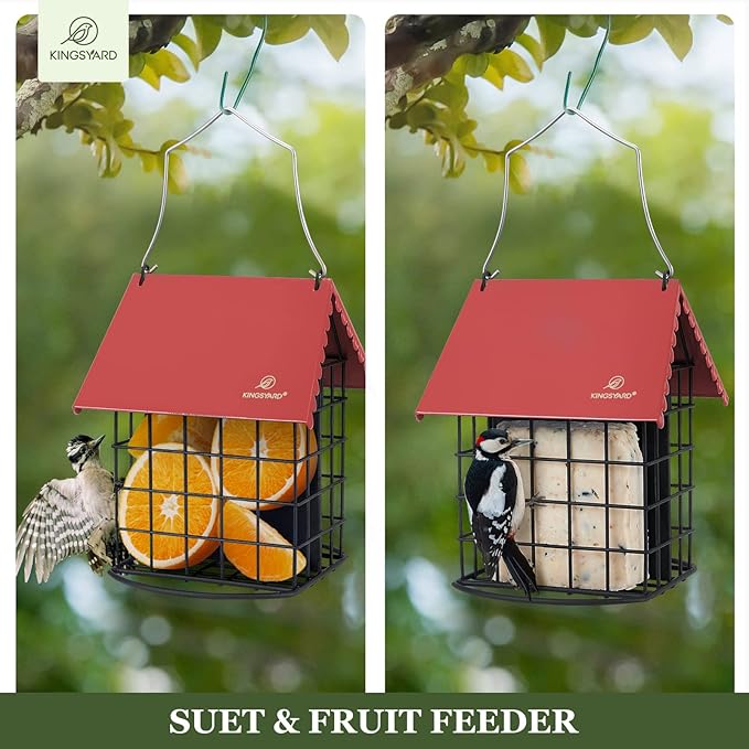 Kingsyard Double Suet Bird Feeder with Weatherproof Roof & Perch, All Metal, Suet Cakes Cage Bird Feeder for Outdoors Hanging, Easy to Clean & Refill, Red