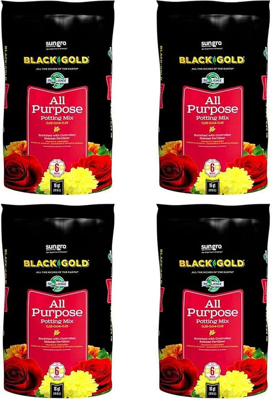 SunGro Black Gold All Purpose Potting Soil Fertilizer Mix for House Plants, Vegetables, Herbs and More, 16 Quart Bag (4 Pack)