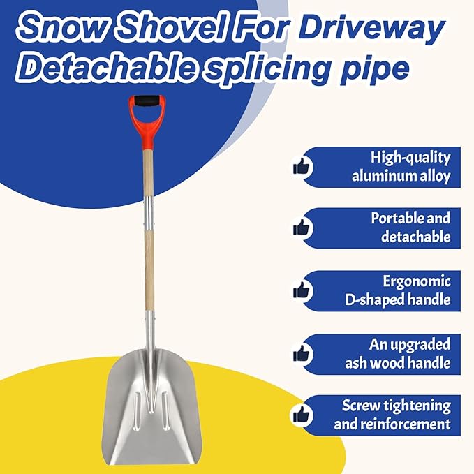Aluminum Snow Shovel with D Handle,Heavy Duty Metal Scoop Shovel,51.1 Inches Large Capacity Snow Shovel for Driveway,Coal Shovel for Mulch,Moving Feed and Gardening