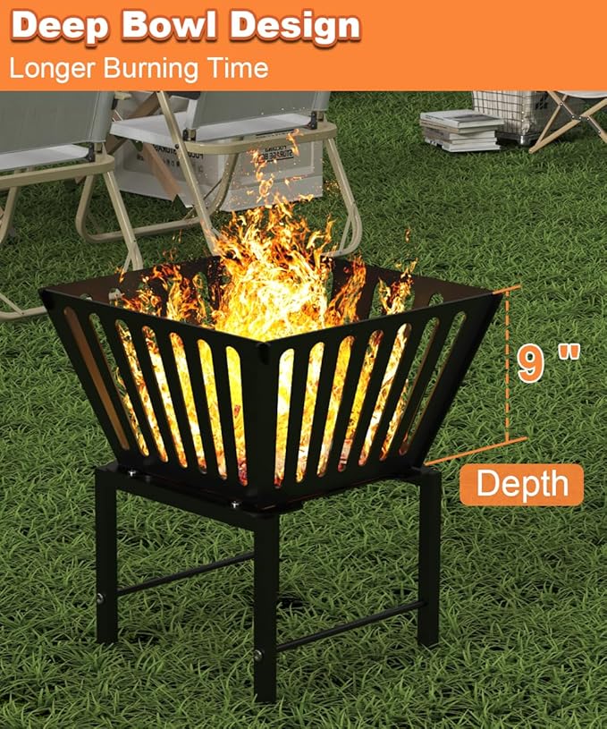 Outdoor Fire Pit — 17 Inch Portable with Storage Bag for Camping, Patio Heating, Picnic and BBQ, Trapezoid Vertical Hollow, Black
