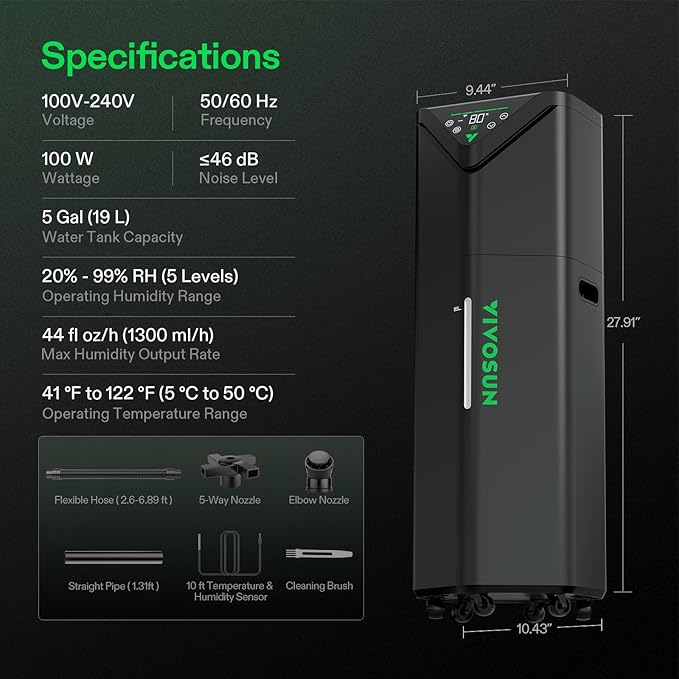 VIVOSUN AeroStream H19 Intelligent Environmental 19L Humidifier with Temp & Humidity Probe, Top Control Panel, Smart Remote Control, Designed Specifically for Use with Grow Tents