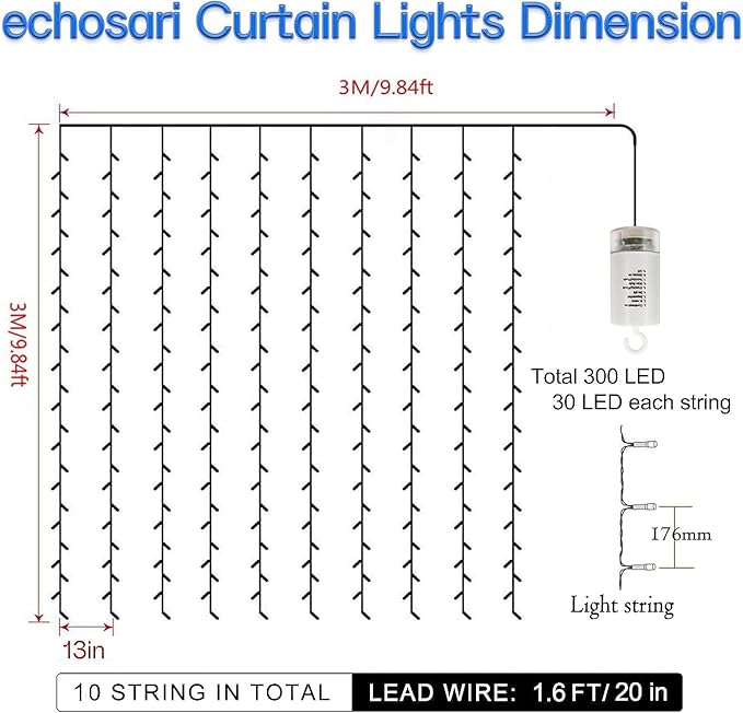 echosari Curtain Lights Battery Operated, 9.8Ft x 9.8ft 300 LED Curtain String Light with Remote Timer 8 Modes Hanging Lights for Wedding Party Home Garden Wall Decor (Cool White)