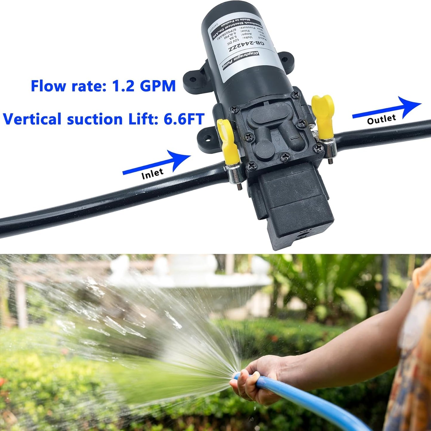 DC 12V Diaphragm Pump, Self-Priming Sprayer Pump, 1.2 GPM 87 PSI Pressure Switch Adjustable water pump, With 2 hose clamps, for RV Camping Shower Garden Irrigation