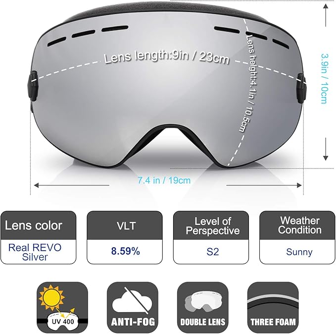 EXP VISION Snowboard Ski Goggles Men Women Youth, Anti Fog OTG Winter Snow Goggles Spherical Detachable Lens
