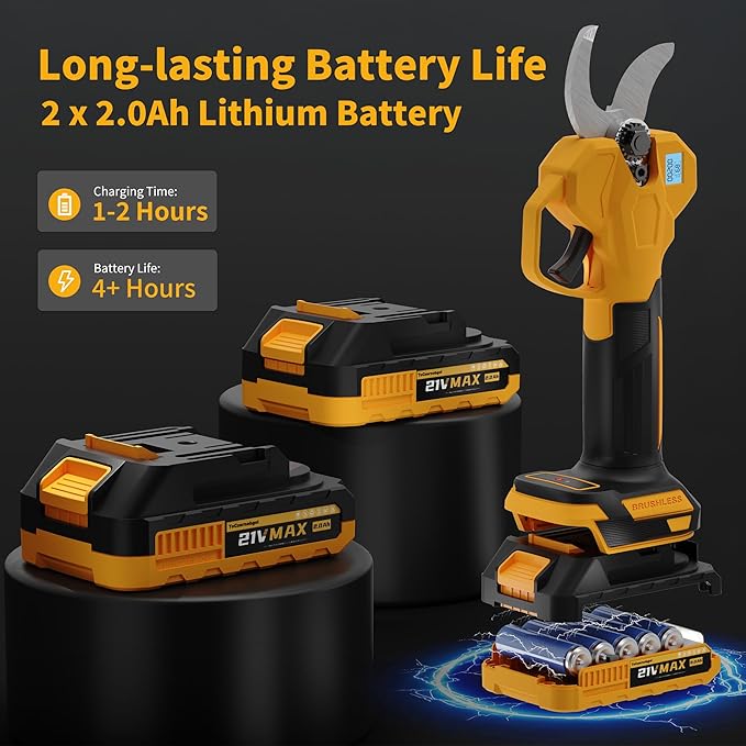 Electric Pruning Shears, Cordless Power Pruner with 2 Inch Cutting Diameter, LCD Display, Brushless Motor & 2×2.0Ah Batteries for Tree Branches & Garden