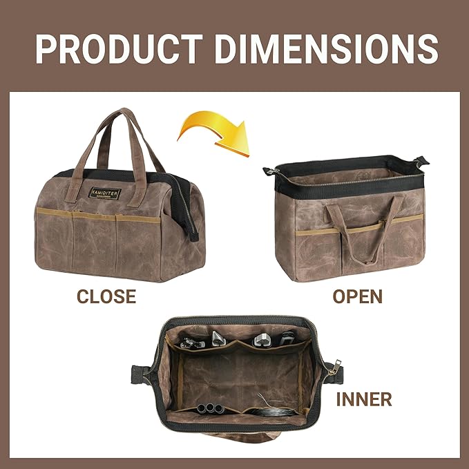 Tool Bag, 13-inch Heavy Duty 16oz Waxed Canvas Wide Mouth Water-Resistant Tool Bag, Tool Tote with Handle for Tools, Wrenches, Screwdrivers (13 X 7 X 9 inch) | Grey