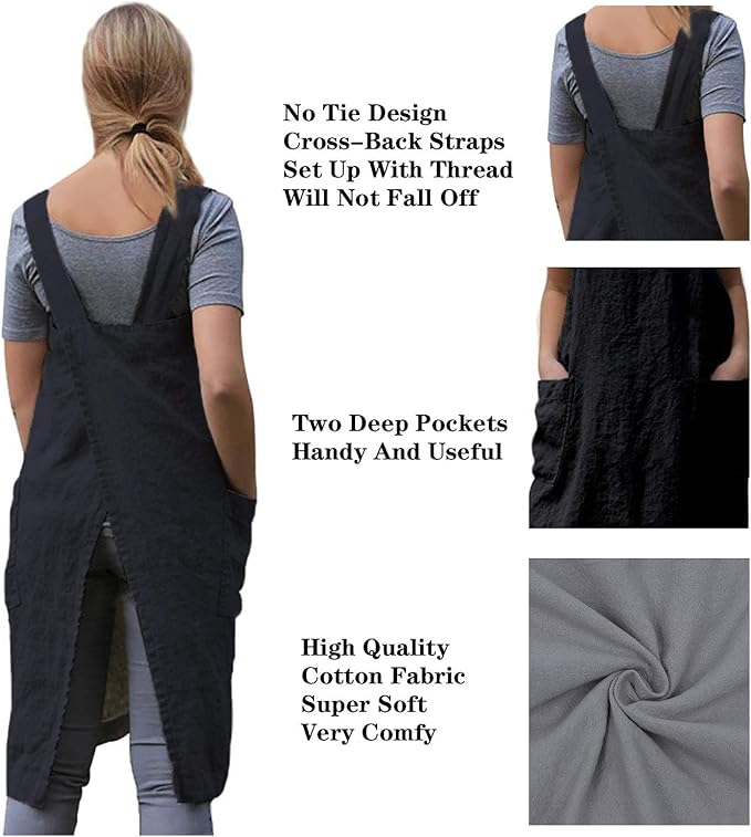 WROLEM Women's Practical Cross Back Pinafore Apron with Large Pockets Home Kitchen,Restaurant,Coffee House,Cooking,Gardening