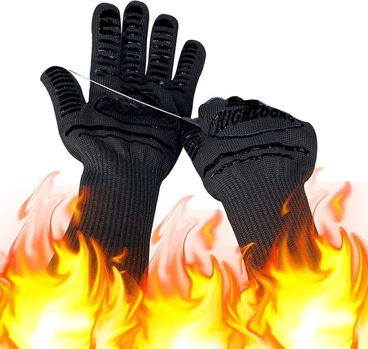 1472°F Extreme BBQ Gloves Grill Oven Safety Gloves, Cut Resistant with Non-Slip Silicone for Grilling, Frying, Baking, Fireplace, Cooking (2 Pieces Set) (Black Strips Long)