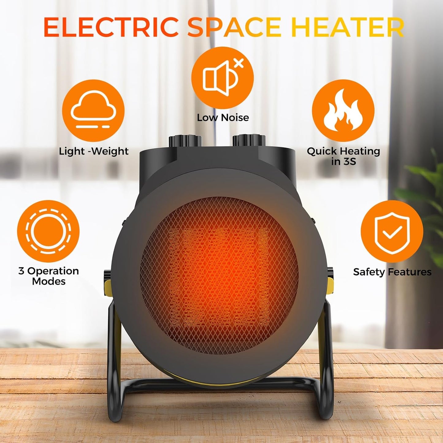 Space Heaters for Indoor Use, 1500W PTC Electric Heater with 90°Adjustable Angle, Fast Safety Heat, Small Portable Heater for Office Home(Yellow)