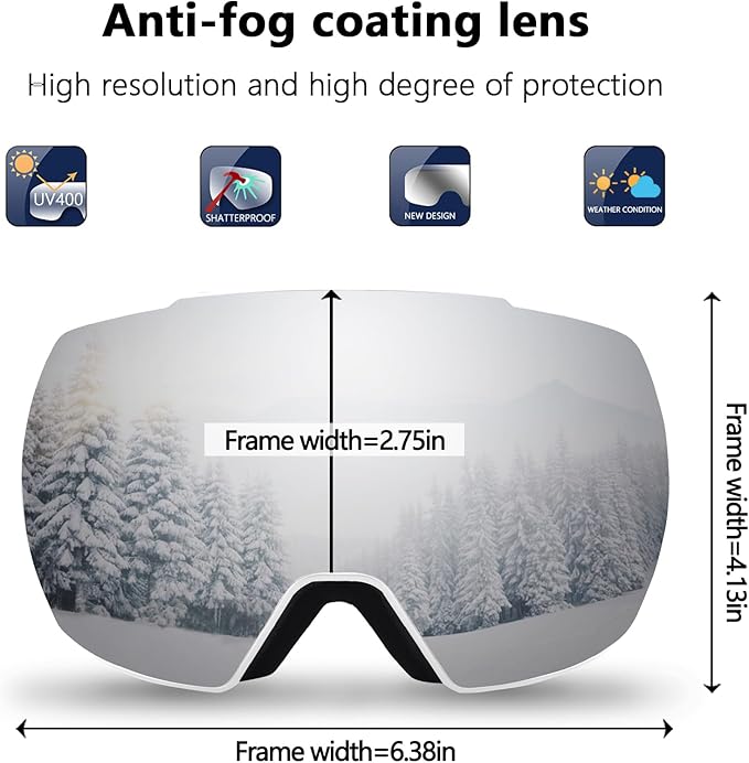 OULAIQI OTG Ski Goggles UV400 Anti-Fog Snowboard Glasses for Men Women Youth- Perfect for Skiing, Snowboarding,Winter Sports