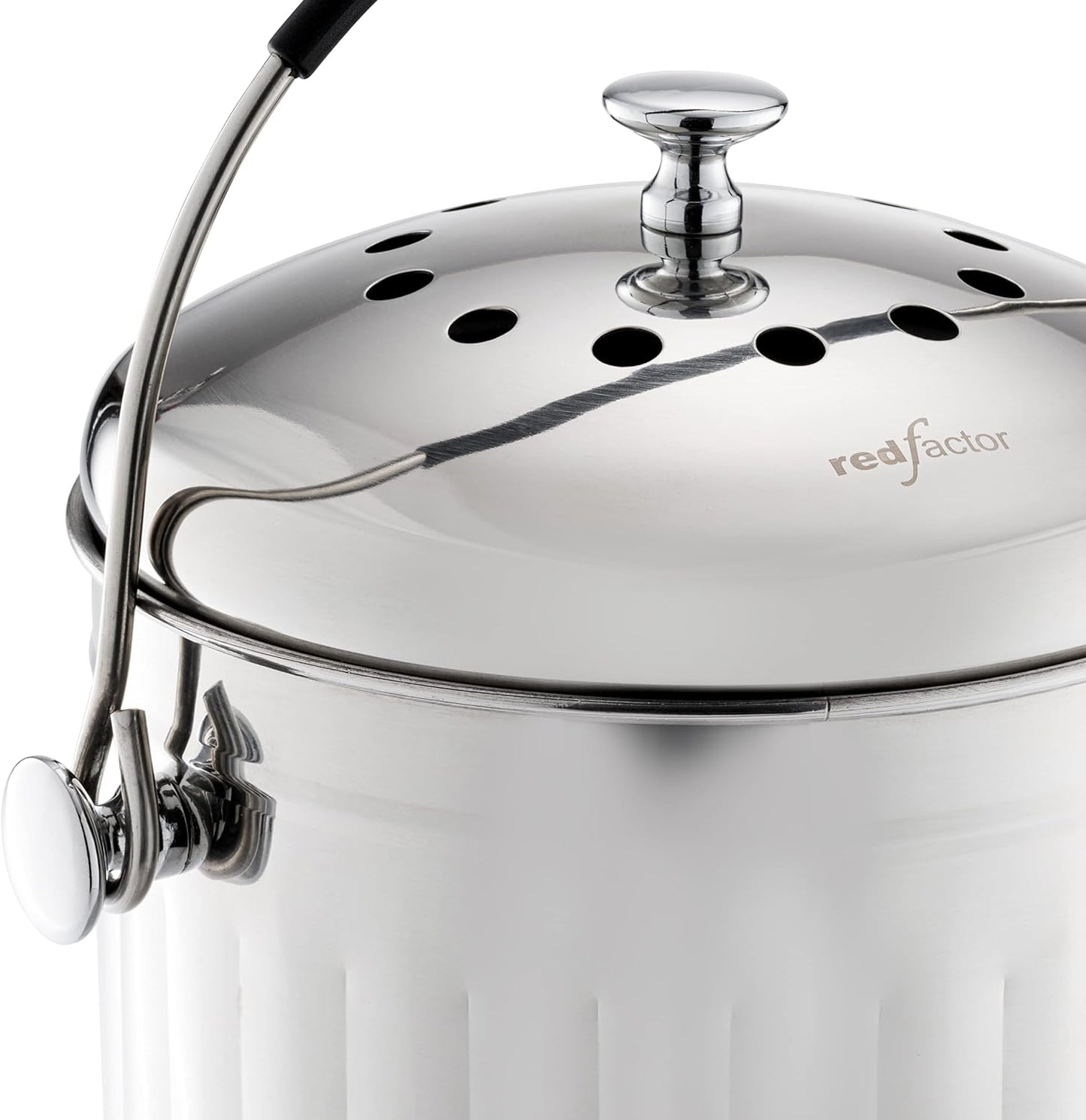 RED FACTOR Premium Compost Bin for Kitchen Countertop - Stainless Steel Food Waste Bucket with Innovative Dual Filter Technology - Includes Spare Filters (Brilliant Steel, 1.3 Gallon)