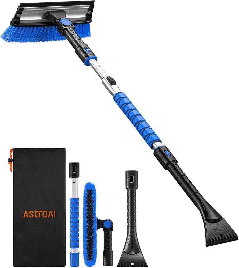 AstroAI 47.2" Ice Scrapers for Car Windshield, 3 in 1 Sturdy Snow Brush with Squeegee, 10 Adjustable Length Settings, Extendable Aluminum Handle, 180° Pivoting Snow Scraper for Car, Truck, SUV(Blue)