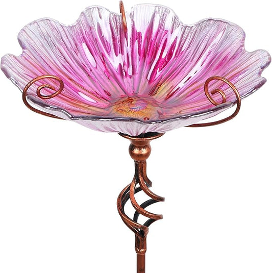 MUMTOP 31 Inch Height Glass Birdbath Birdfeeder with Metal Stake Garden Yard Outdoor Pink