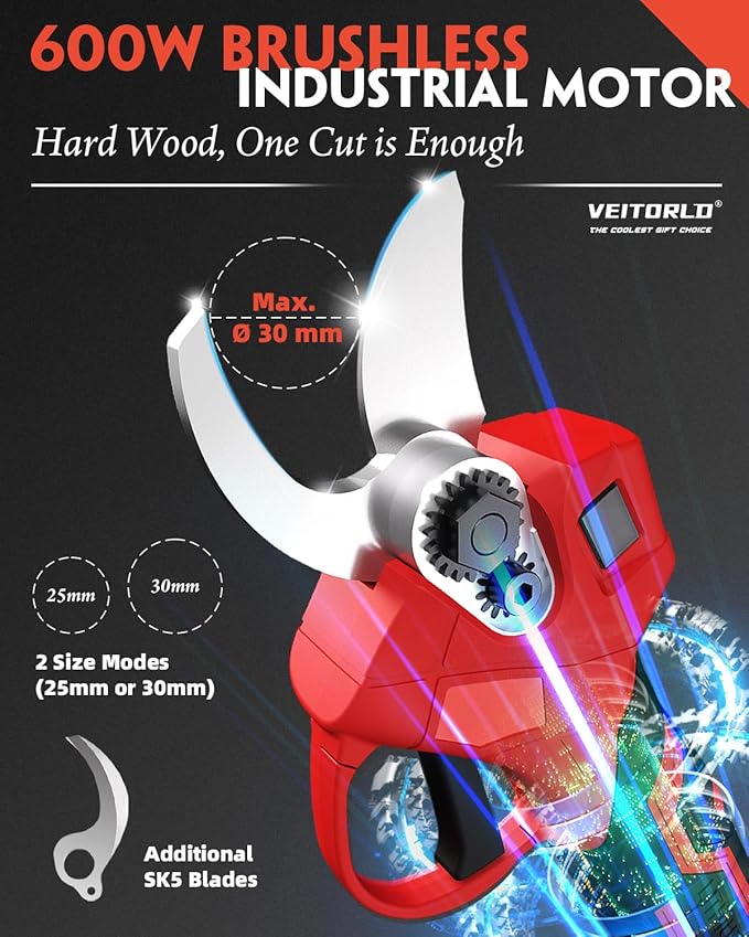 VEITORLD 2-IN-1 Cordless Electric Pole Pruning Shears, 15ft Reach, 1.2" Cutting Diameter, Battery Powered with 2x 2000mAh, Brushless Motor for Efficient Garden Tree Trimming, Branch Cutting（Red）