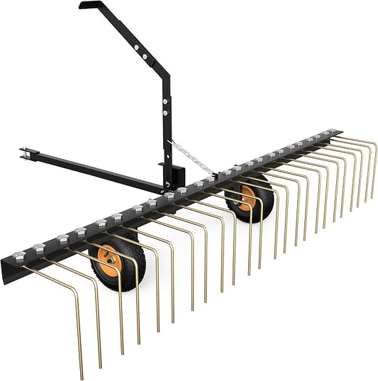 YITAMOTOR 60 Inch Tow Behind Dethatcher, Lawn Dethatcher Rake with 24 Spring Steel Tines & Lift Handle for ATV or Mover Tractors, Tow Behind Lawn Rakes for Leaves, Pine Needles, and Grass