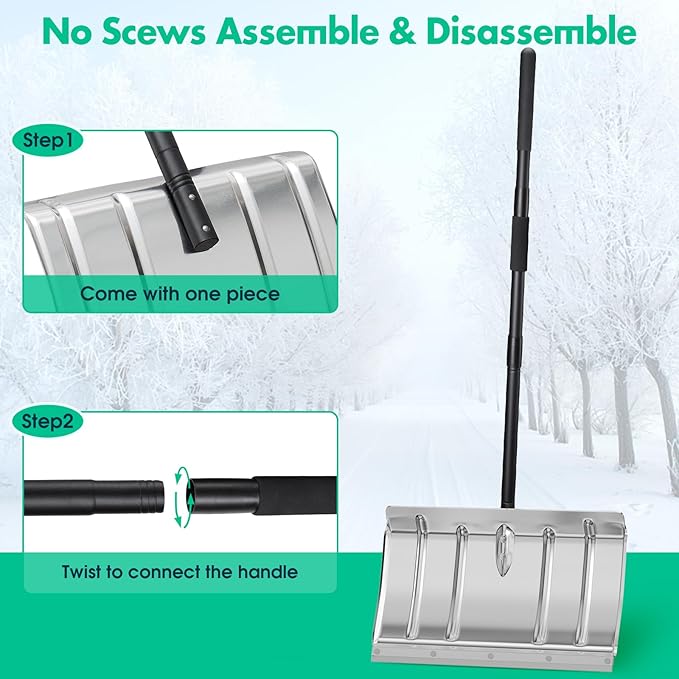 Snow Shovel with Metal Strip, Heavy Duty 16” Wide Aluminum Metal Snow Shovel Pusher for Driveway,Lightweight Emergency Car Snow Shovels for Walkway,Decking,Deck, Driveway