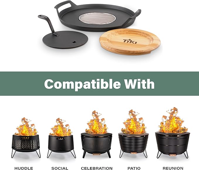TIKI Fire Pit Griddle & Grill Combo – Cast Iron Cooking Surface for 16"-21" Smokeless Fire Pits – Outdoor BBQ Griddle for Camping & Patio – Includes Trivet & Heat-Resistant Gloves, Black