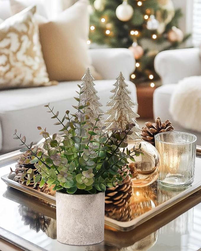 2 Pack Small Fake Plants Christmas Plants Eucalyptus Potted Artificial Plants for Home Indoor Fireplace Mantel Shelf Desk Home Bathroom Farmhouse Room Coffee Christmas Table Decor Xmas Decor (Purple)