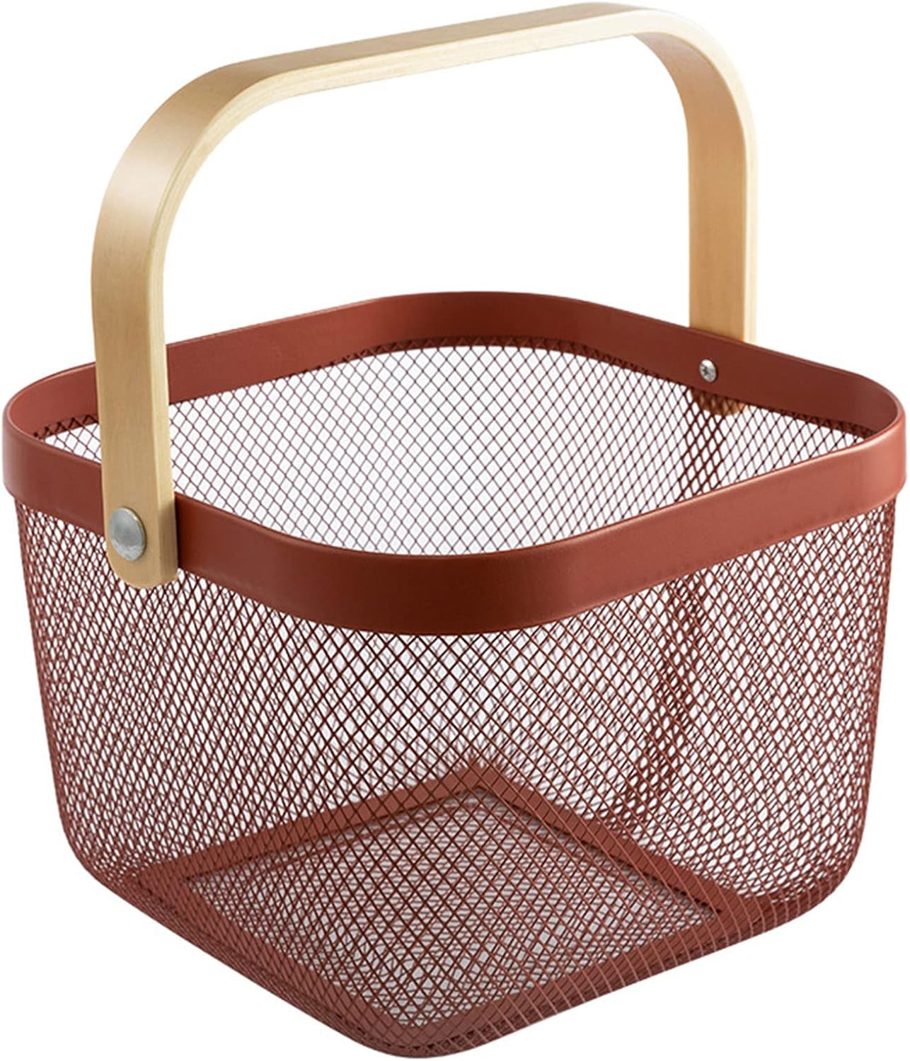 Metal Mesh Steel Basket, Storage Organizer Basket Multi-functional Hanging Kitchen Baskets Fruit Basket Bin with Bamboo Handle for Kitchen Bathroom Picnic Shopping Decor Cabinet Home, Red