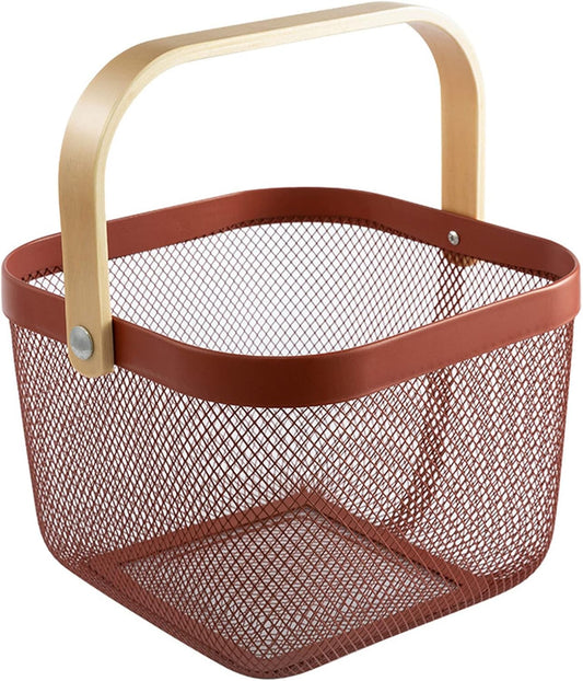Metal Mesh Steel Basket, Storage Organizer Basket Multi-functional Hanging Kitchen Baskets Fruit Basket Bin with Bamboo Handle for Kitchen Bathroom Picnic Shopping Decor Cabinet Home, Red