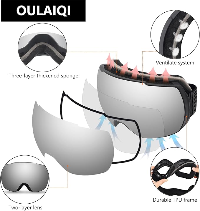 OULAIQI OTG Ski Goggles UV400 Anti-Fog Snowboard Glasses for Men Women Youth- Perfect for Skiing, Snowboarding,Winter Sports