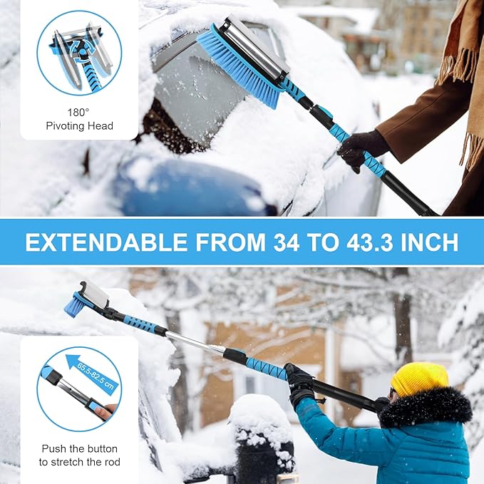 Yougfin Windshield Ice Scraper Car Brush for Snow 43 inch, 3 in 1 Detachable Snow Scraper with Squeegee, 180° Pivoting Brush Head, Foam Grip, Extendable Snow Removal for Auto Truck SUV Van