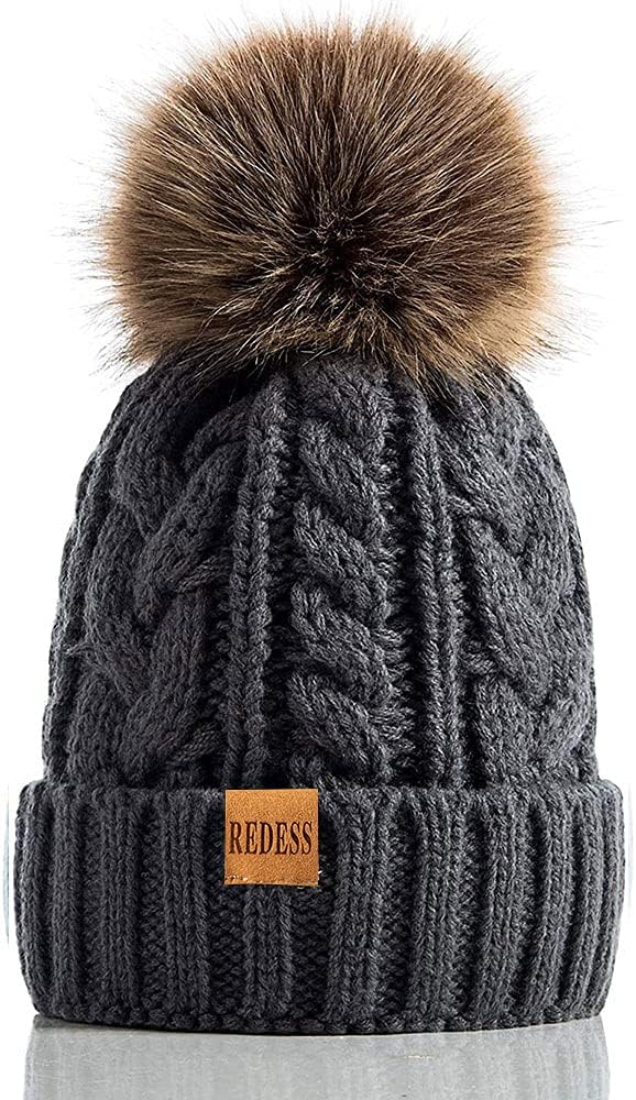 REDESS Women Winter Pompom Beanie Hat with Warm Fleece Lined, Thick Slouchy Snow Knit Skull Ski Cap