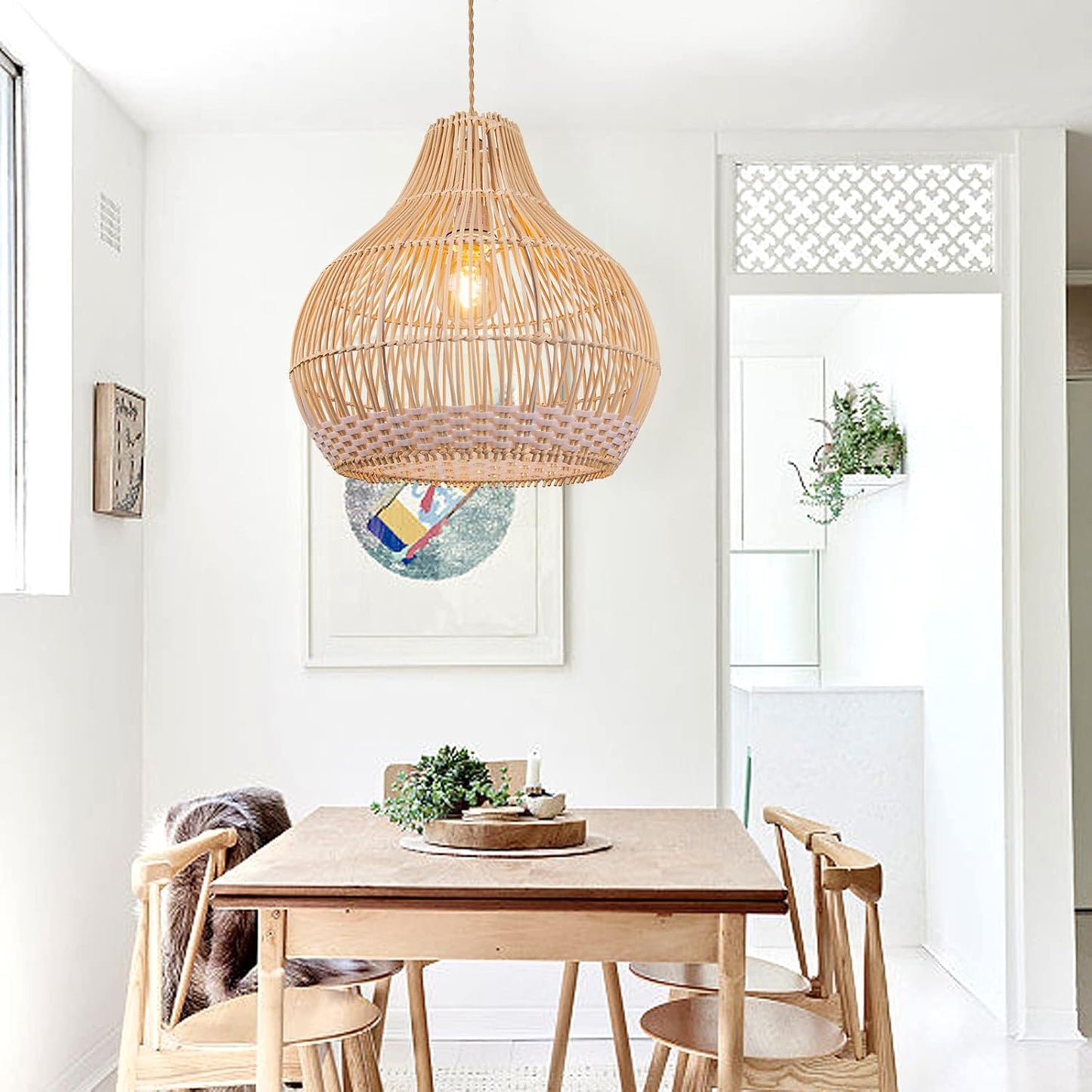 Arturesthome 1 Light Coastal Rattan Pendant Light for Kitchen Island White,Wicker Chandelier,Handmade Woven Hanging Ceiling Lighting Fixtures Lampshade for Living Room Bedroom