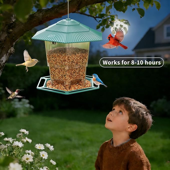 Solar Bird Feeder for Outdoors Hanging,Green Hanging Wild Bird Feeders with S Hook for Blue Bird, Cardinals, Finches,Wild Birds Seed Feeder, As Gift for Bird Lovers