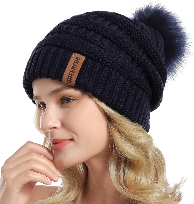 QUEENFUR Women Knit Slouchy Beanie Chunky Baggy Hat with Faux Fur Pompom Winter Soft Warm Ski Cap