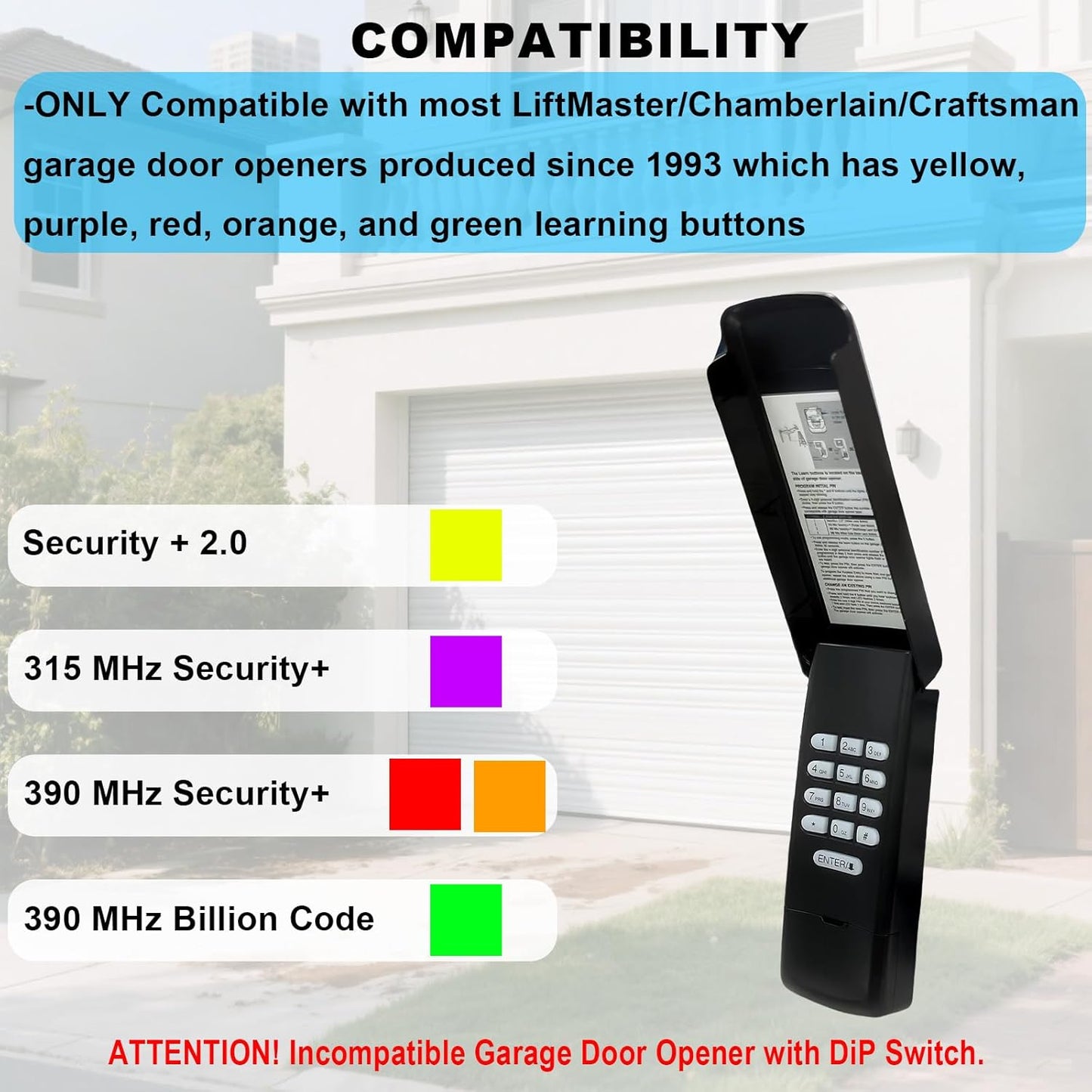 Garage Door Opener Keypad Replacement for Liftmaster Chamberlain Craftsman Garage Door Opener Keypad Compatible with Purple/Red/Orange/Green/Yellow Learn Button Since 1993 - Black Shell