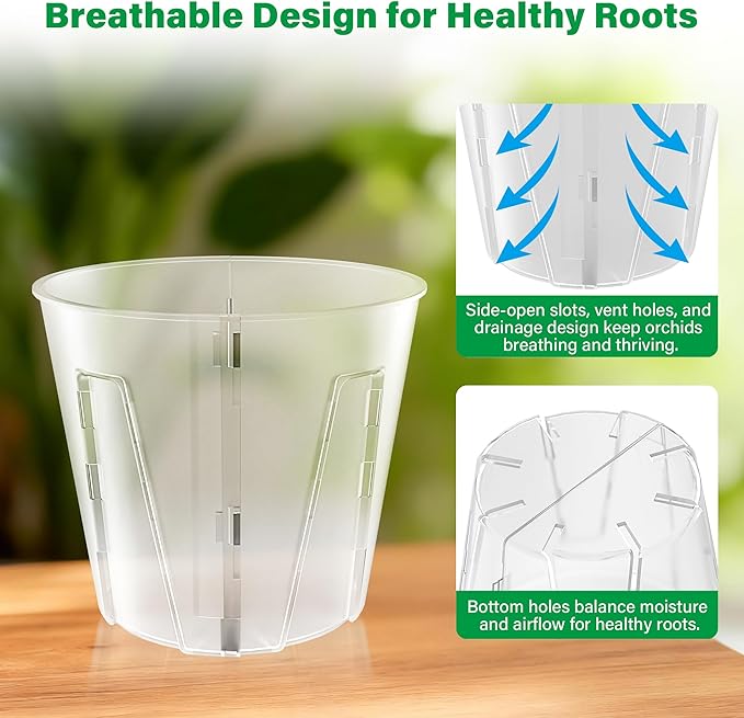 5 Inch Side-Open Orchid Pots 6 Pack, Clear Plastic Nursery Planters with Detachable Side Walls for Easy Repotting, Breathable Slotted Flower Pots with Drainage for Root Health