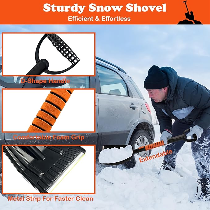 41" Snow Brush and Shovel Kit with Ice Scraper for Car Windshield, Winter Essentials 5 in 1 Extendable 270° Pivoting with Foam Grip Snow Brush Broom and Emergency Shovel for Car Truck SUV Vehicle