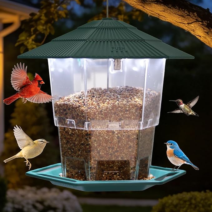 Solar Bird Feeder for Outdoors Hanging,Green Hanging Wild Bird Feeders with S Hook for Blue Bird, Cardinals, Finches,Wild Birds Seed Feeder, As Gift for Bird Lovers