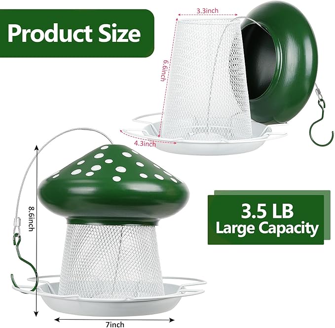 Bird Feeder, Heavy Duty Metal Bird Feeders for Outdoor Hanging, Cute Mushroom Shape Wild Birdfeeder for Outside Garden Yard (Green)