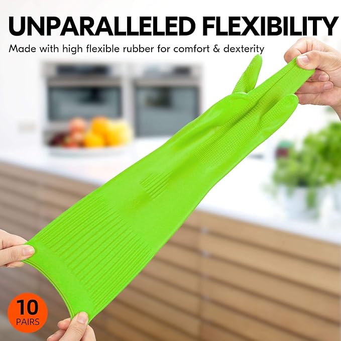 Vgo... 10-Pairs Reusable Long Sleeve Thick Latex Dishwashing Gloves - Cleaning, Washing, Working, Painting, Gardening, Pet Care (Size M, Green, RB2143)