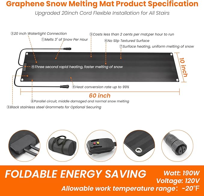 Graphene Snow Melting Mats for Stairs,Non-Slip Rubber Heated Walkway Mat,Fast Ice Melt 3 in/h,Safe & Energy Saving with Extended 50cm Cord,10"x60" with Plug