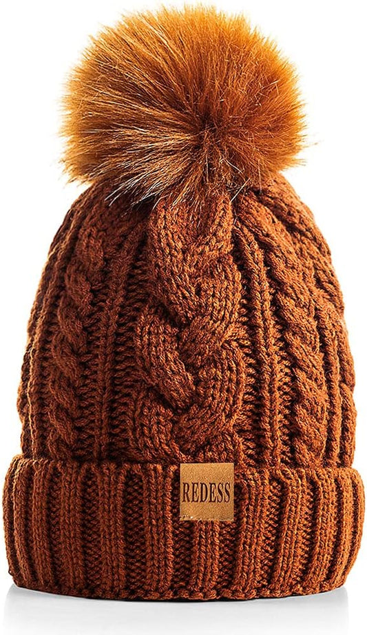 REDESS Women Winter Pompom Beanie Hat with Warm Fleece Lined, Thick Slouchy Snow Knit Skull Ski Cap
