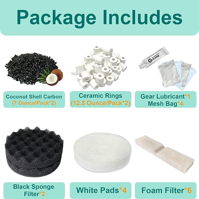 21 PCS Aquarium Media Kits Replacement for Fluval FX4 / FX5 / FX6 Canister Filters, Including Bio-Foam Block, Carbon Sponge Filter, Ceramic Ring, Activated Carbon, Silicone Lubricant, Mesh Bag